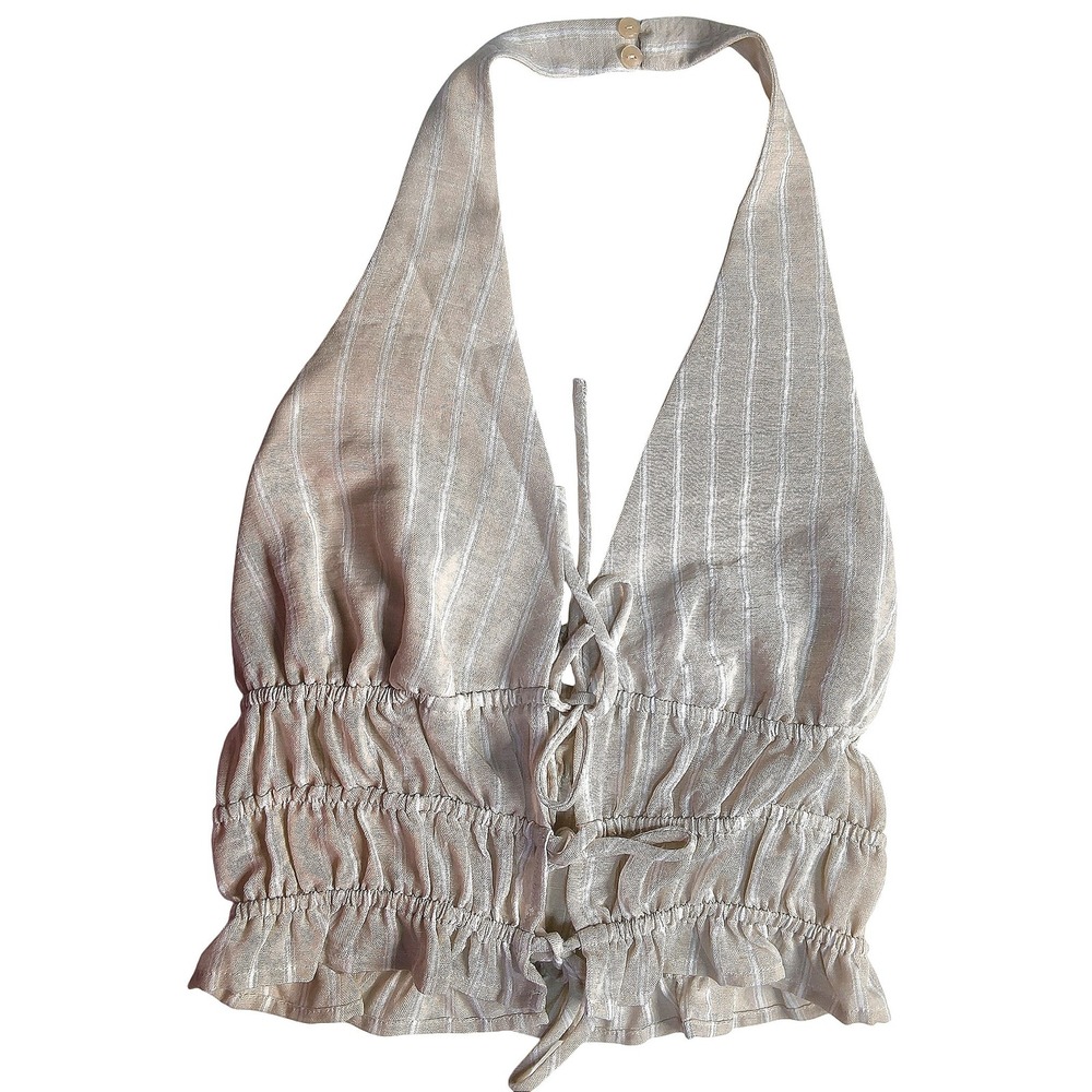 Boho One Clothing Halter Crop Top Womens Medium Beige Striped Lace Up Smocked